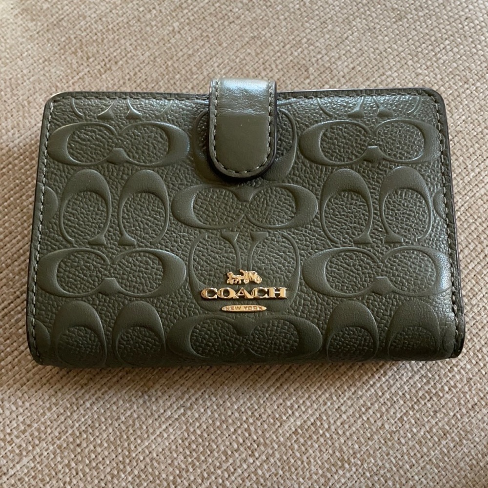Coach embossed leather army green wallet